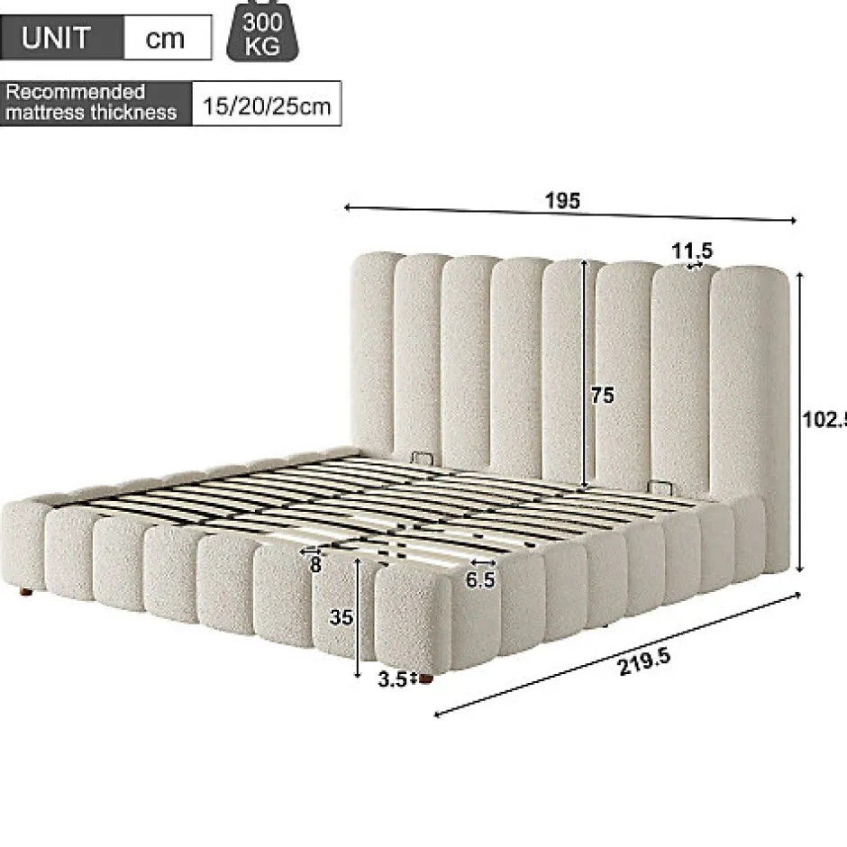 ModernLuxe Lit coffre rembourré 180x200cm - Tête de lit rembourrée - Rangement sous le lit - Sommier à lattes - Bouclé - Blanc(sans matelas)
