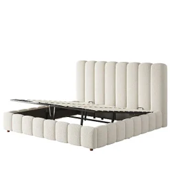 ModernLuxe Lit coffre rembourré 180x200cm - Tête de lit rembourrée - Rangement sous le lit - Sommier à lattes - Bouclé - Blanc(sans matelas)