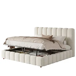 ModernLuxe Lit coffre rembourré 180x200cm - Tête de lit rembourrée - Rangement sous le lit - Sommier à lattes - Bouclé - Blanc(sans matelas)
