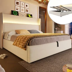 ModernLuxe Lit coffre rembourré 140x200cm avec éclairage LED - ports USB et Type-C - tissu en Lin - Beige (sans matelas)
