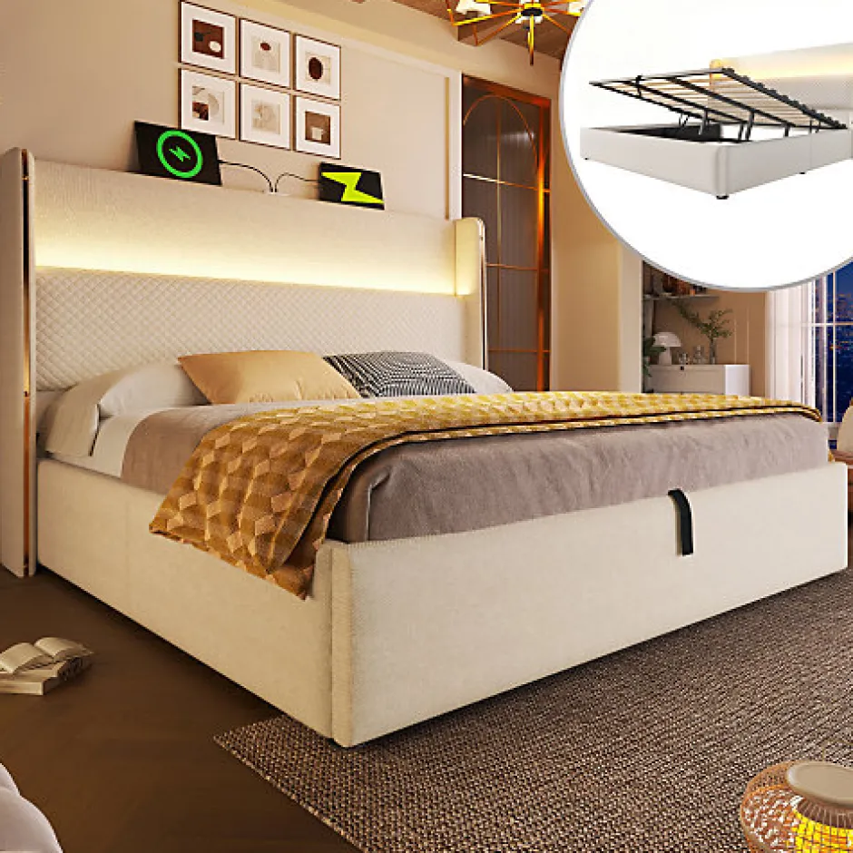 ModernLuxe Lit coffre rembourré 140x200cm avec éclairage LED - ports USB et Type-C - tissu en Lin - Beige (sans matelas)