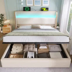 ModernLuxe Lit coffre rembourré 140x200cm avec éclairage LED - ports USB et Type-C - tissu en Lin - Beige (sans matelas)