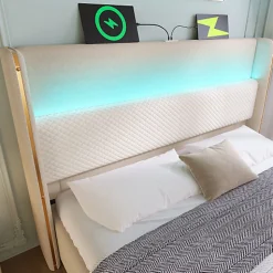 ModernLuxe Lit coffre rembourré 140x200cm avec éclairage LED - ports USB et Type-C - tissu en Lin - Beige (sans matelas)
