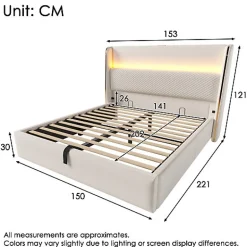ModernLuxe Lit coffre rembourré 140x200cm avec éclairage LED - ports USB et Type-C - tissu en Lin - Beige (sans matelas)