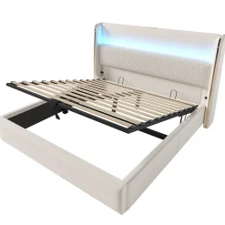 ModernLuxe Lit coffre rembourré 140x200cm avec éclairage LED - ports USB et Type-C - tissu en Lin - Beige (sans matelas)