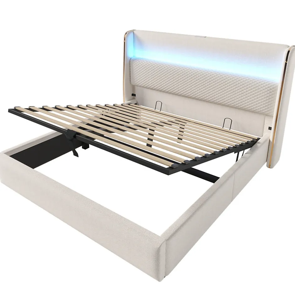 ModernLuxe Lit coffre rembourré 140x200cm avec éclairage LED - ports USB et Type-C - tissu en Lin - Beige (sans matelas)