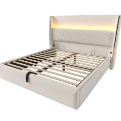 ModernLuxe Lit coffre rembourré 140x200cm avec éclairage LED - ports USB et Type-C - tissu en Lin - Beige (sans matelas)