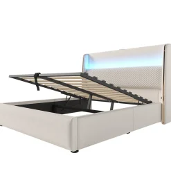 ModernLuxe Lit coffre rembourré 140x200cm avec éclairage LED - ports USB et Type-C - tissu en Lin - Beige (sans matelas)