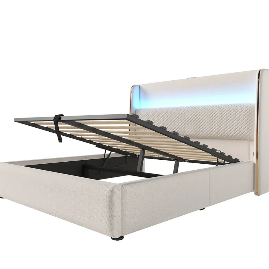 ModernLuxe Lit coffre rembourré 140x200cm avec éclairage LED - ports USB et Type-C - tissu en Lin - Beige (sans matelas)
