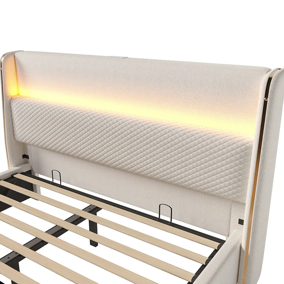 ModernLuxe Lit coffre rembourré 140x200cm avec éclairage LED - ports USB et Type-C - tissu en Lin - Beige (sans matelas)