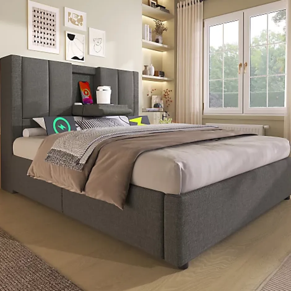 ModernLuxe Lit coffre rembourré 90x200cm avec porte-gobelet - ports USB et Type-C - avec sommier à lattes - Lin - Gris (sans matelas) New