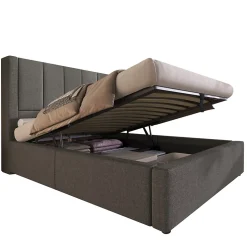 ModernLuxe Lit coffre rembourré 90x200cm avec porte-gobelet - ports USB et Type-C - avec sommier à lattes - Lin - Gris (sans matelas) New