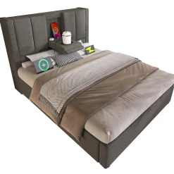 ModernLuxe Lit coffre rembourré 90x200cm avec porte-gobelet - ports USB et Type-C - avec sommier à lattes - Lin - Gris (sans matelas) New