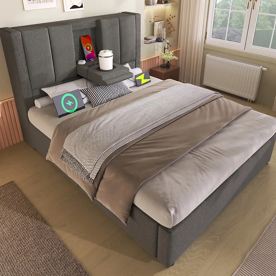 ModernLuxe Lit coffre rembourré 90x200cm avec porte-gobelet - ports USB et Type-C - avec sommier à lattes - Lin - Gris (sans matelas) New