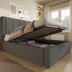 ModernLuxe Lit coffre rembourré 90x200cm avec porte-gobelet - ports USB et Type-C - avec sommier à lattes - Lin - Gris (sans matelas) New