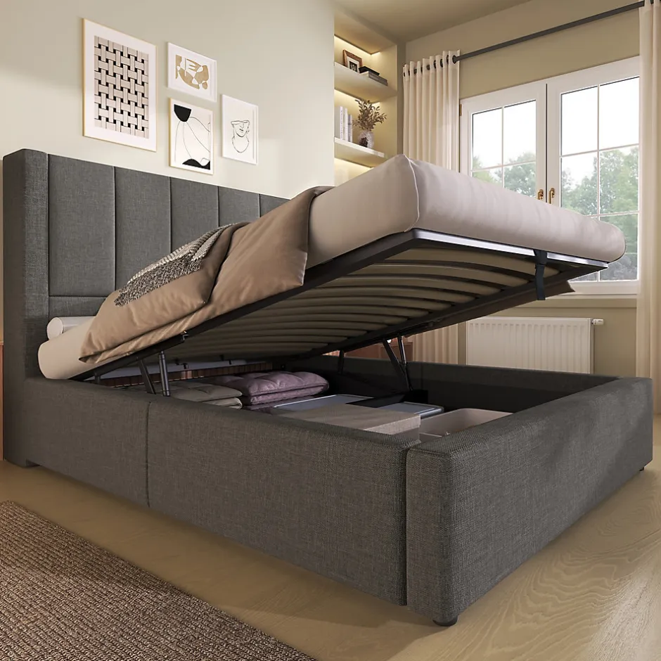 ModernLuxe Lit coffre rembourré 90x200cm avec porte-gobelet - ports USB et Type-C - avec sommier à lattes - Lin - Gris (sans matelas) New