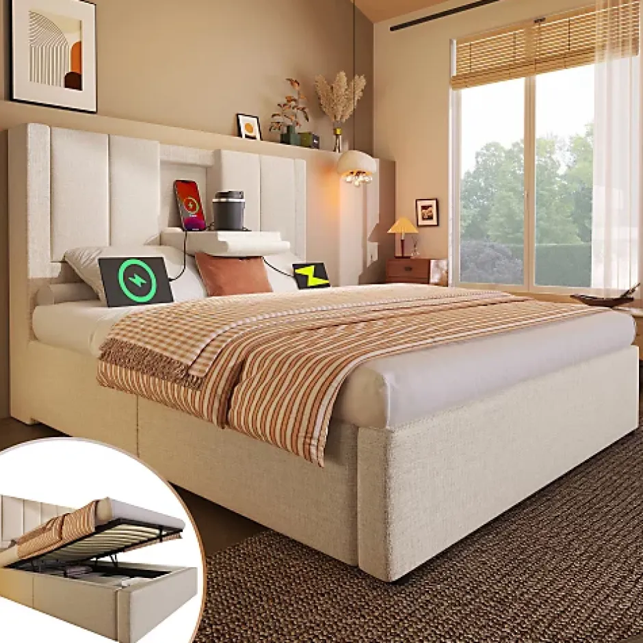 ModernLuxe Lit coffre rembourré 90x200cm avec porte-gobelet - ports USB et Type-C - avec sommier à lattes - Lin - Beige (sans matelas) Online