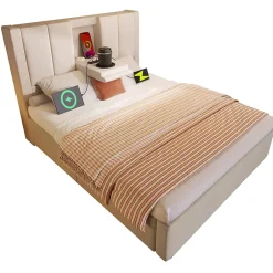 ModernLuxe Lit coffre rembourré 90x200cm avec porte-gobelet - ports USB et Type-C - avec sommier à lattes - Lin - Beige (sans matelas) Online
