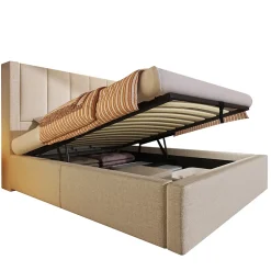 ModernLuxe Lit coffre rembourré 90x200cm avec porte-gobelet - ports USB et Type-C - avec sommier à lattes - Lin - Beige (sans matelas) Online