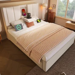ModernLuxe Lit coffre rembourré 90x200cm avec porte-gobelet - ports USB et Type-C - avec sommier à lattes - Lin - Beige (sans matelas) Online