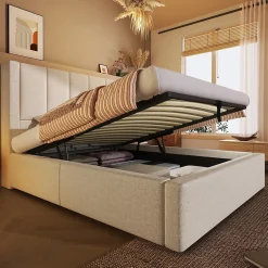 ModernLuxe Lit coffre rembourré 90x200cm avec porte-gobelet - ports USB et Type-C - avec sommier à lattes - Lin - Beige (sans matelas) Online