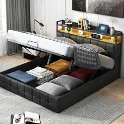 Simple Life Lit coffre rembourré 140x200cm en tissu de pu - avec LED et port de charge - avec sommier à lattes - Noir