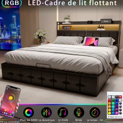 Simple Life Lit coffre rembourré 140x200cm en tissu de pu - avec LED et port de charge - avec sommier à lattes - Noir