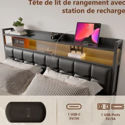 Simple Life Lit coffre rembourré 140x200cm en tissu de pu - avec LED et port de charge - avec sommier à lattes - Noir