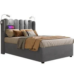 Blackcolors Lit Coffre Simple Rembourré Tête De Lit Rangement Velours 90x200 Gris Clearance