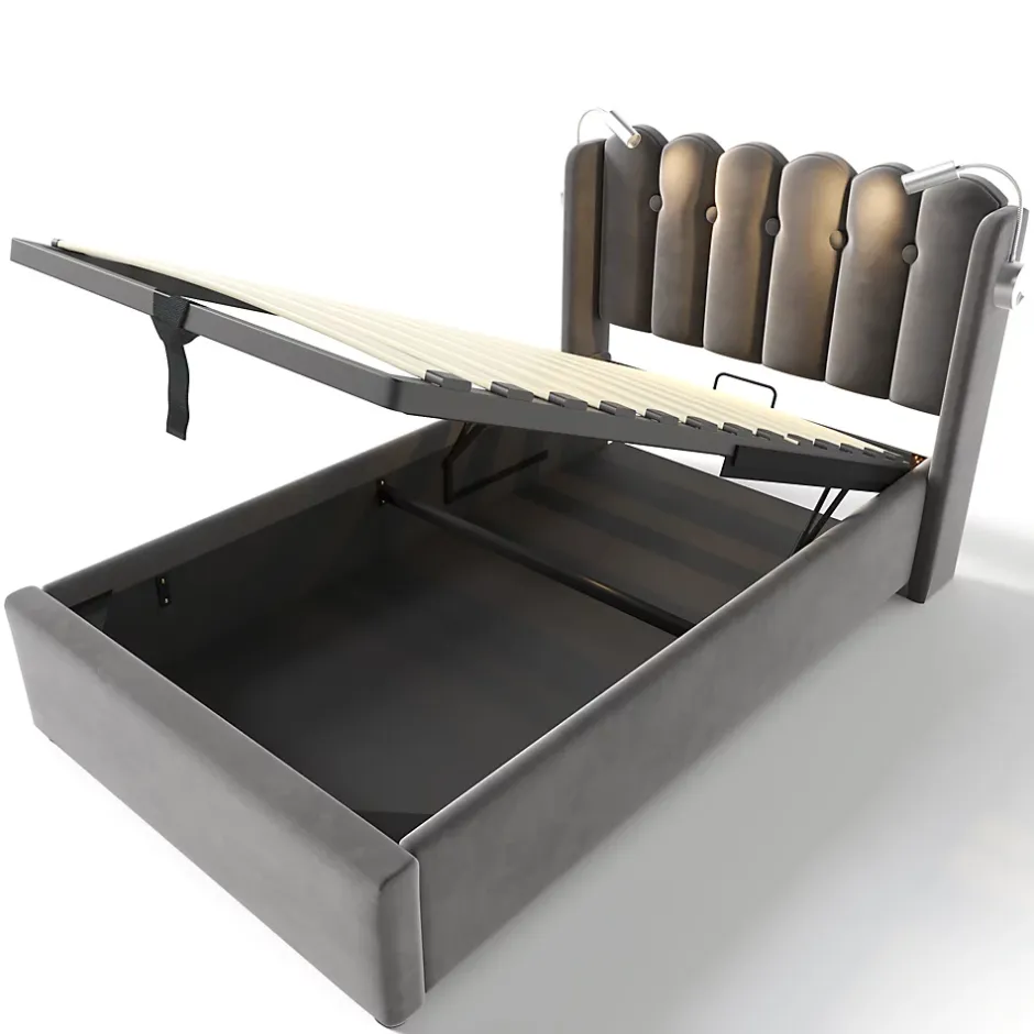 Blackcolors Lit Coffre Simple Rembourré Tête De Lit Rangement Velours 90x200 Gris Clearance