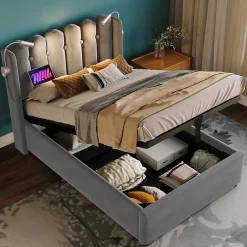 Blackcolors Lit Coffre Simple Rembourré Tête De Lit Rangement Velours 90x200 Gris Clearance