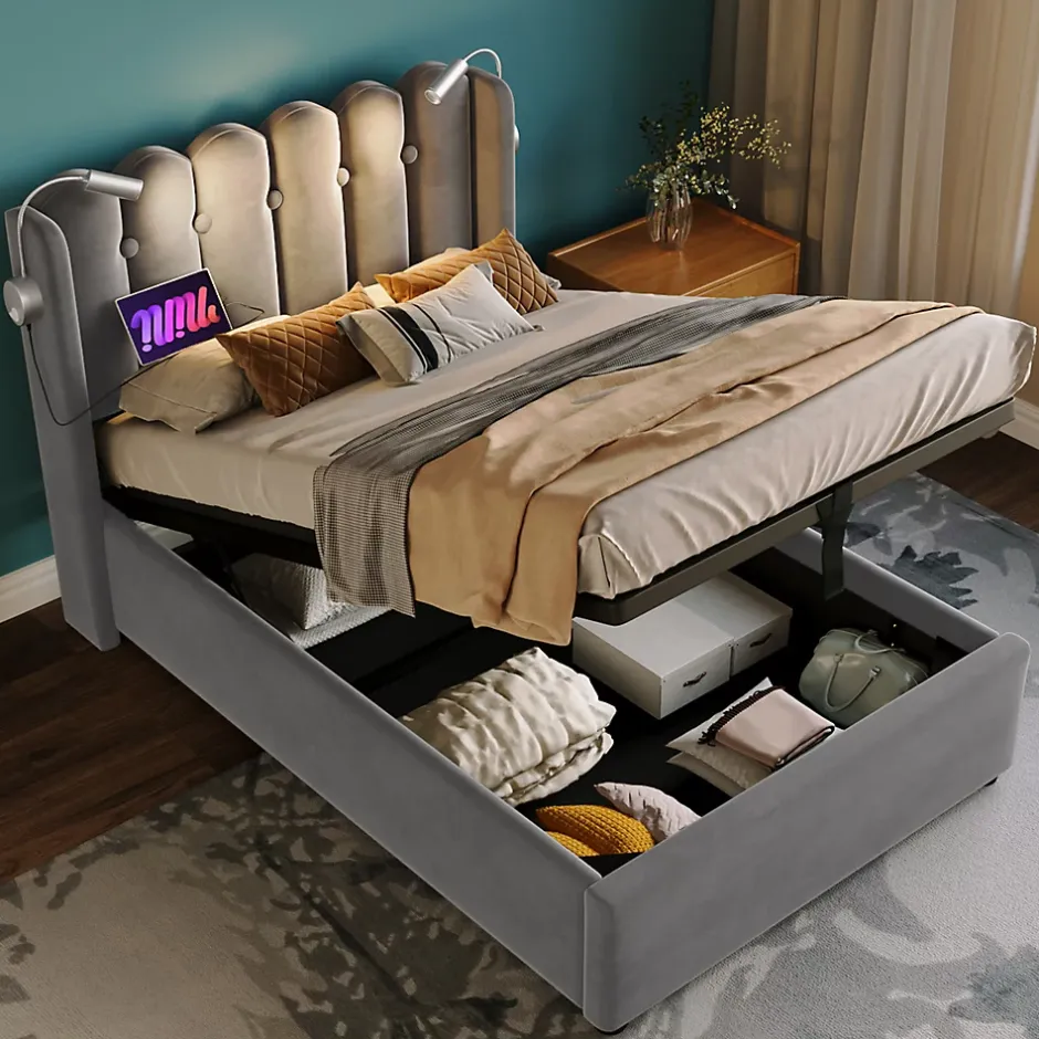 Blackcolors Lit Coffre Simple Rembourré Tête De Lit Rangement Velours 90x200 Gris Clearance