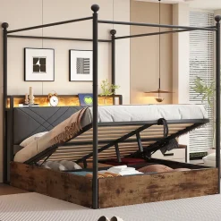 Okwish Lit Coffre Simple 90x190 cm - Baldaquin et Éclairage LED, Rangement Hydraulique Sous Sommier, Ports USB/Type-C, Sans Matelas, Noir Hot
