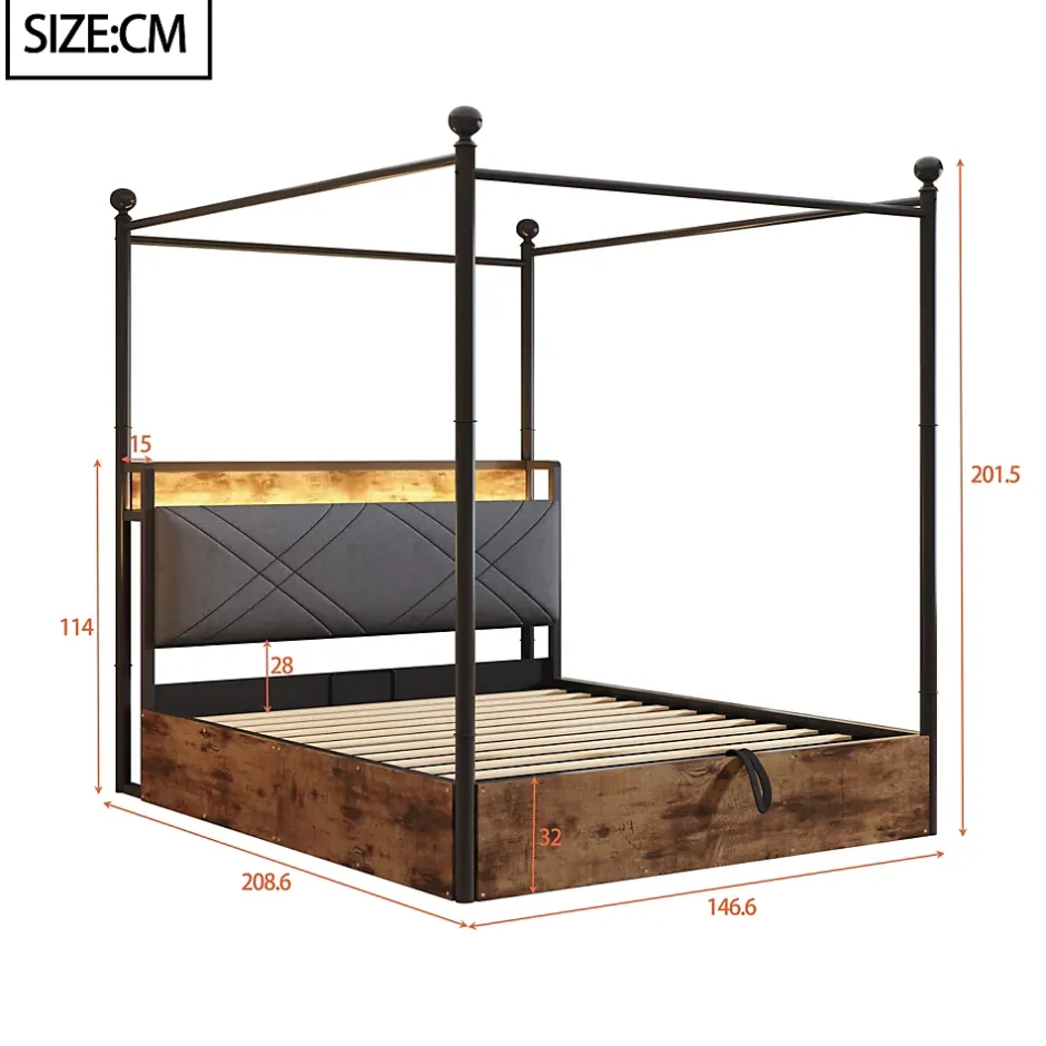 Okwish Lit Coffre Simple 90x190 cm - Baldaquin et Éclairage LED, Rangement Hydraulique Sous Sommier, Ports USB/Type-C, Sans Matelas, Noir Hot