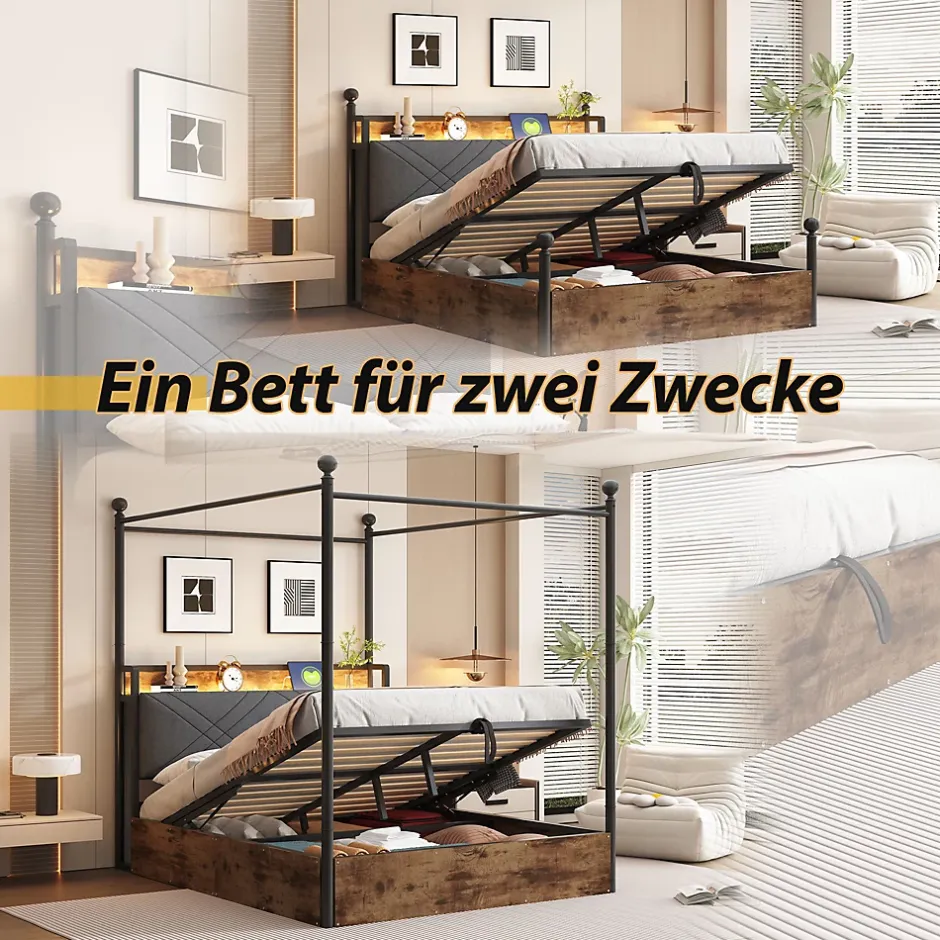 Okwish Lit Coffre Simple 90x190 cm - Baldaquin et Éclairage LED, Rangement Hydraulique Sous Sommier, Ports USB/Type-C, Sans Matelas, Noir Hot