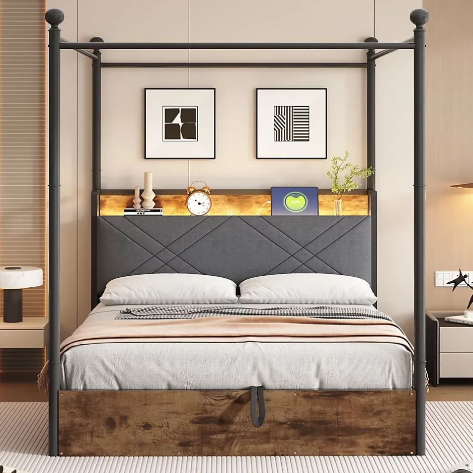 Okwish Lit Coffre Simple 90x190 cm - Baldaquin et Éclairage LED, Rangement Hydraulique Sous Sommier, Ports USB/Type-C, Sans Matelas, Noir Hot
