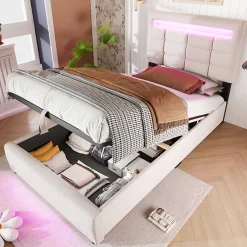 Okwish Lit Coffre Simple 90x200 Cm - Lit Coffre Enfant/Ado Avec LED Et USB, Système Hydraulique De Rangement, Tissu En Lin, Beige