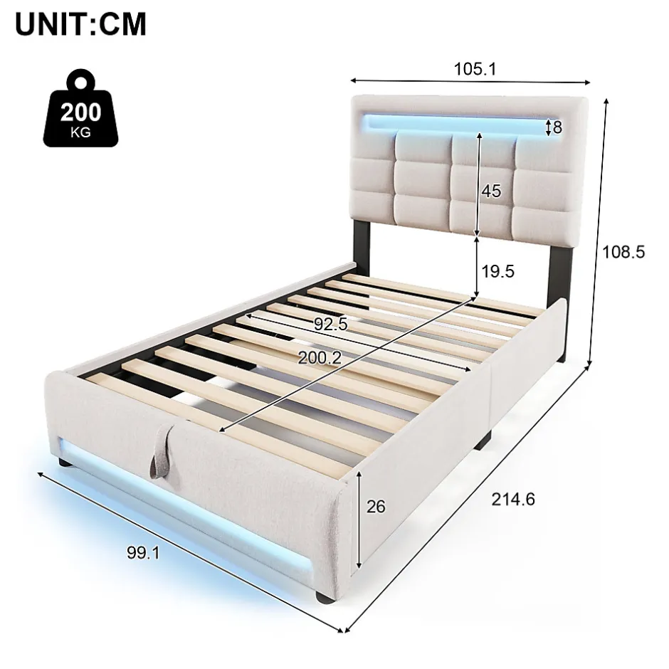 Okwish Lit Coffre Simple 90x200 Cm - Lit Coffre Enfant/Ado Avec LED Et USB, Système Hydraulique De Rangement, Tissu En Lin, Beige