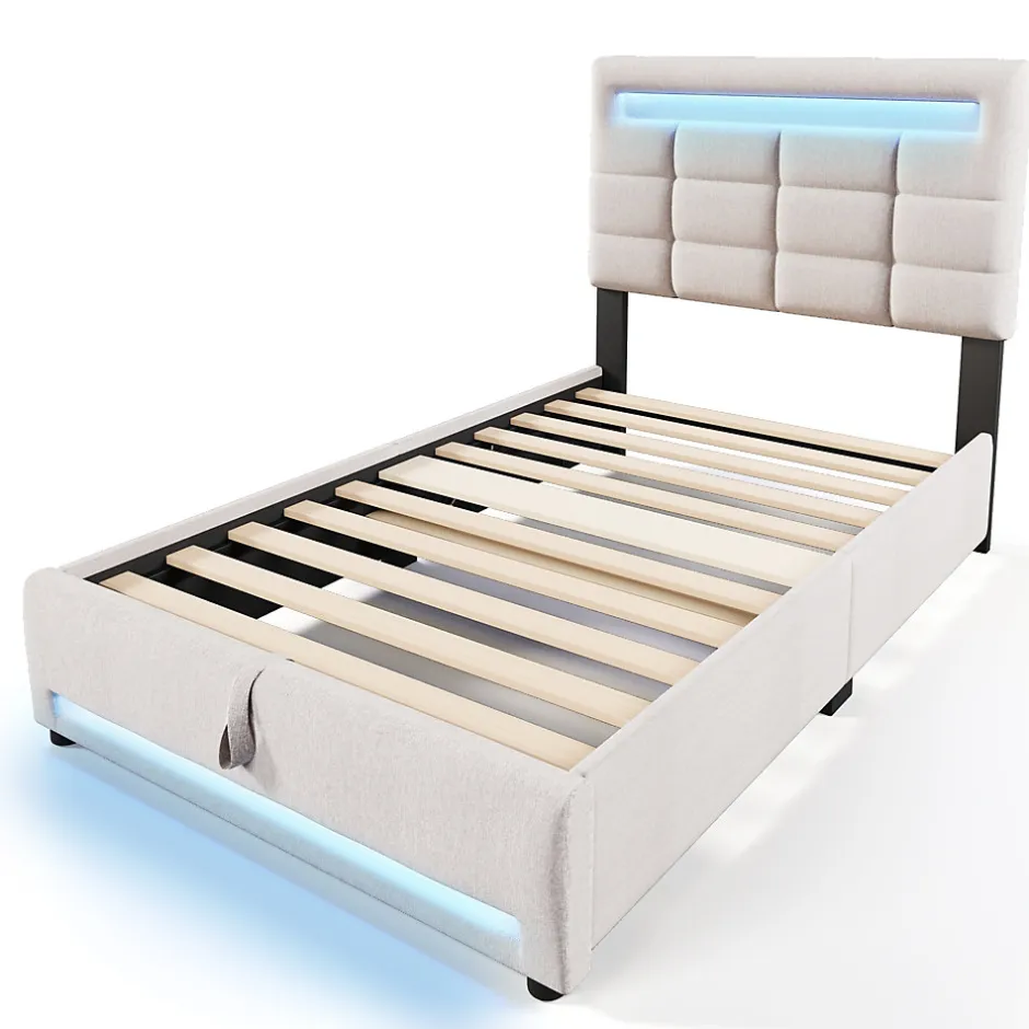 Okwish Lit Coffre Simple 90x200 Cm - Lit Coffre Enfant/Ado Avec LED Et USB, Système Hydraulique De Rangement, Tissu En Lin, Beige