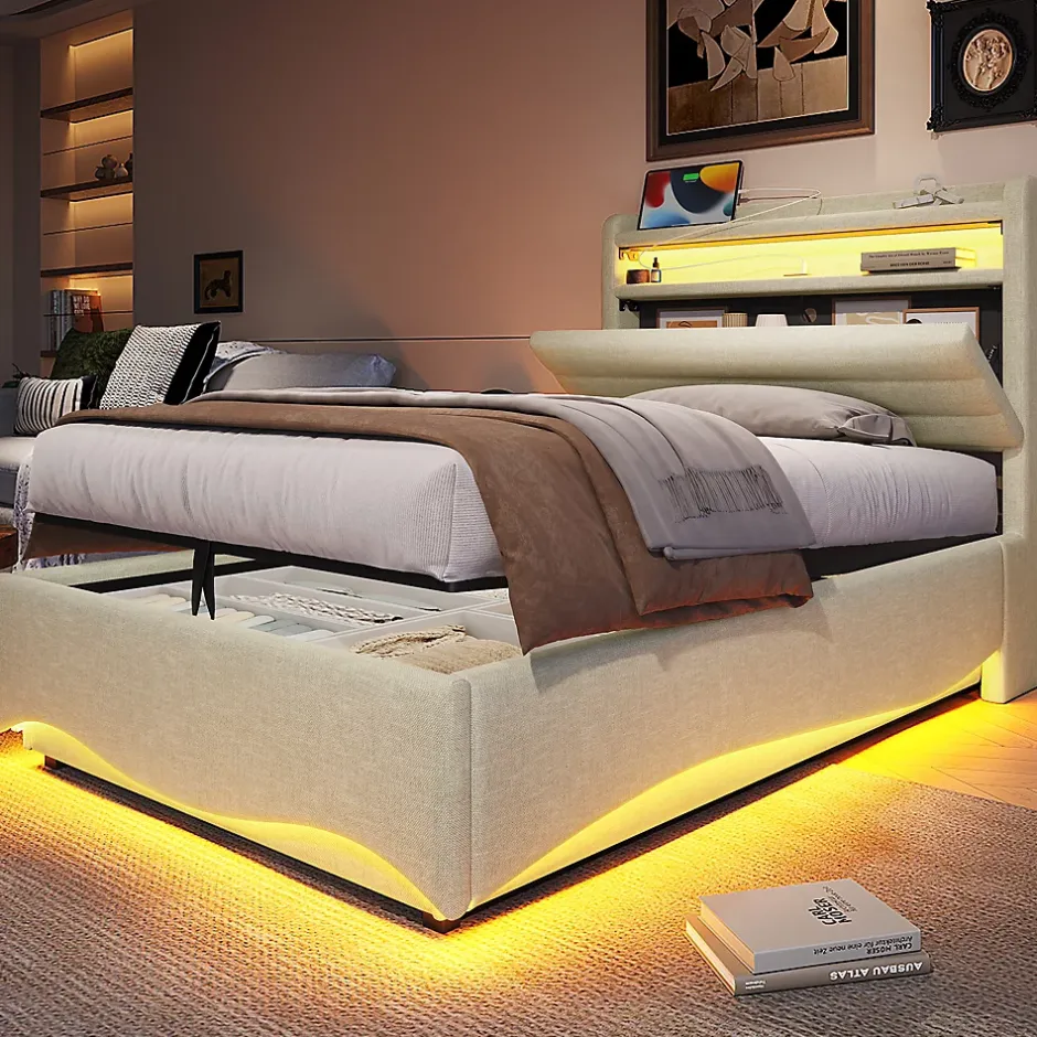 Okwish Lit Coffre Simple 90x200 cm - Lit Enfant Capitonné avec LED, Ports USB et Rangement sous Le Lit, Tissu Lin, Beige Clearance