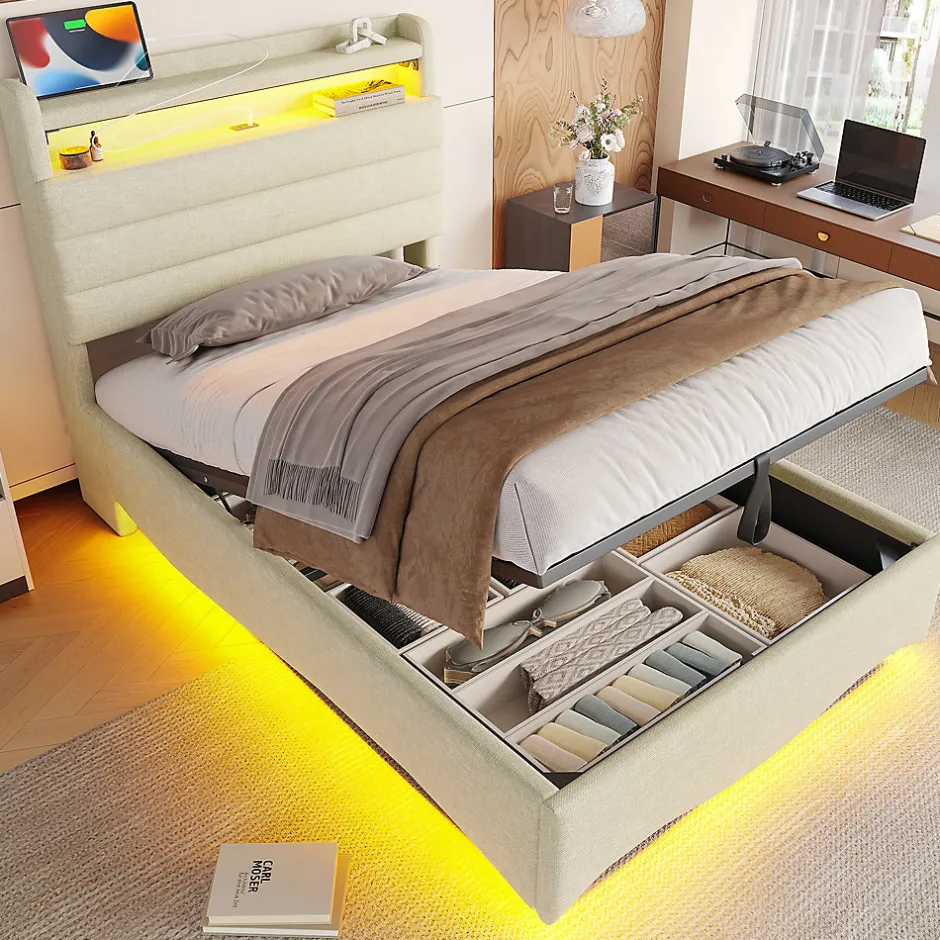 Okwish Lit Coffre Simple 90x200 cm - Lit Enfant Capitonné avec LED, Ports USB et Rangement sous Le Lit, Tissu Lin, Beige Clearance