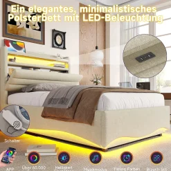 Okwish Lit Coffre Simple 90x200 cm - Lit Enfant Capitonné avec LED, Ports USB et Rangement sous Le Lit, Tissu Lin, Beige Clearance