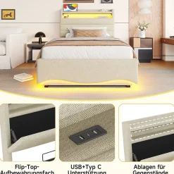 Okwish Lit Coffre Simple 90x200 cm - Lit Enfant Capitonné avec LED, Ports USB et Rangement sous Le Lit, Tissu Lin, Beige Clearance