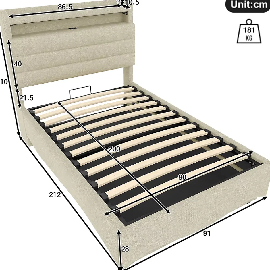 Okwish Lit Coffre Simple 90x200 cm - Lit Enfant Capitonné avec LED, Ports USB et Rangement sous Le Lit, Tissu Lin, Beige Clearance