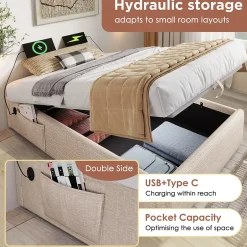 Okwish Lit Coffre Simple 90x200 cm avec Rangement Intégré et Port USB-C, Cadre Bois et Lin Beige, Sans Matelas Sale