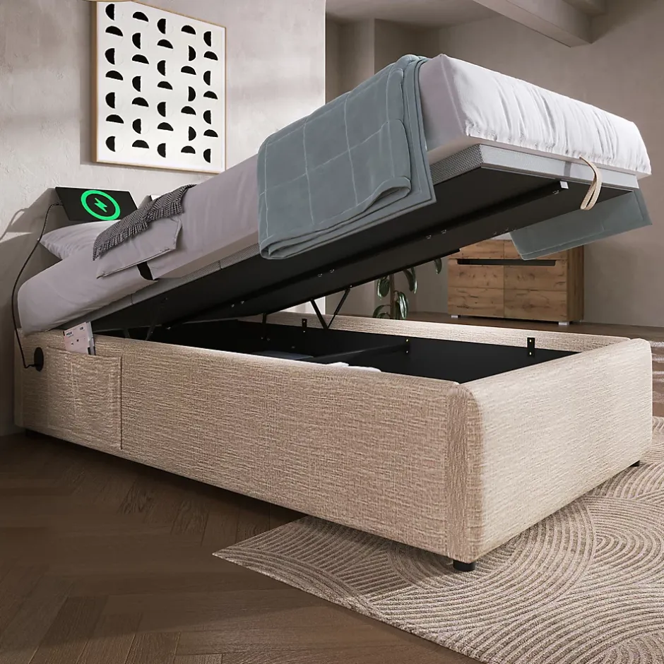 Okwish Lit Coffre Simple 90x200 cm avec Rangement Intégré et Port USB-C, Cadre Bois et Lin Beige, Sans Matelas Sale