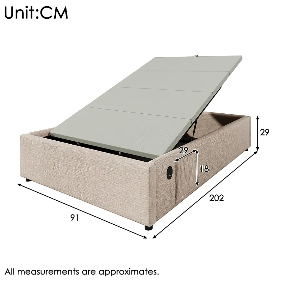 Okwish Lit Coffre Simple 90x200 cm avec Rangement Intégré et Port USB-C, Cadre Bois et Lin Beige, Sans Matelas Sale