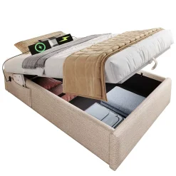 Okwish Lit Coffre Simple 90x200 cm avec Rangement Intégré et Port USB-C, Cadre Bois et Lin Beige, Sans Matelas Sale