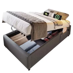 Okwish Lit Coffre Simple 90x190 cm avec Rangement Intégré et Port USB-C, Cadre Métal et Coton Gris, Sans Matelas Outlet