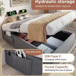 Okwish Lit Coffre Simple 90x190 cm avec Rangement Intégré et Port USB-C, Cadre Métal et Coton Gris, Sans Matelas Outlet
